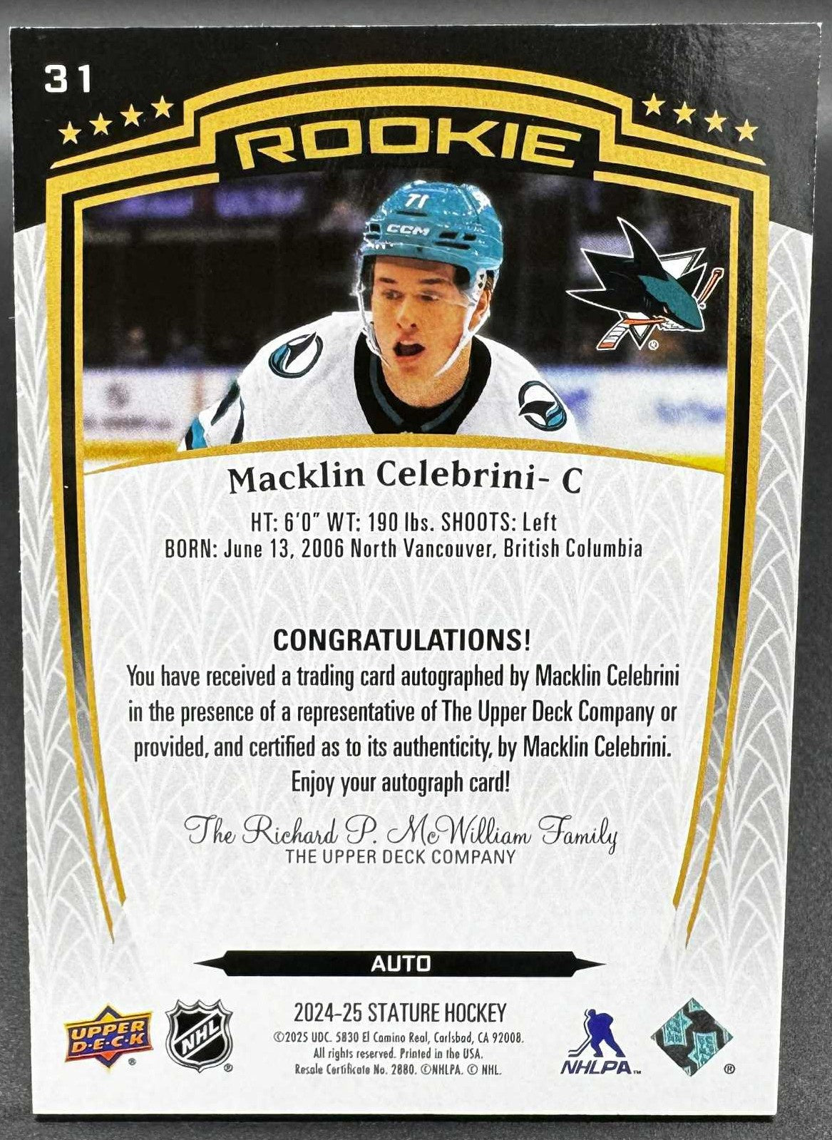 2024-25 Upper Deck STATURE Macklin Celebrini Rookie Auto 31