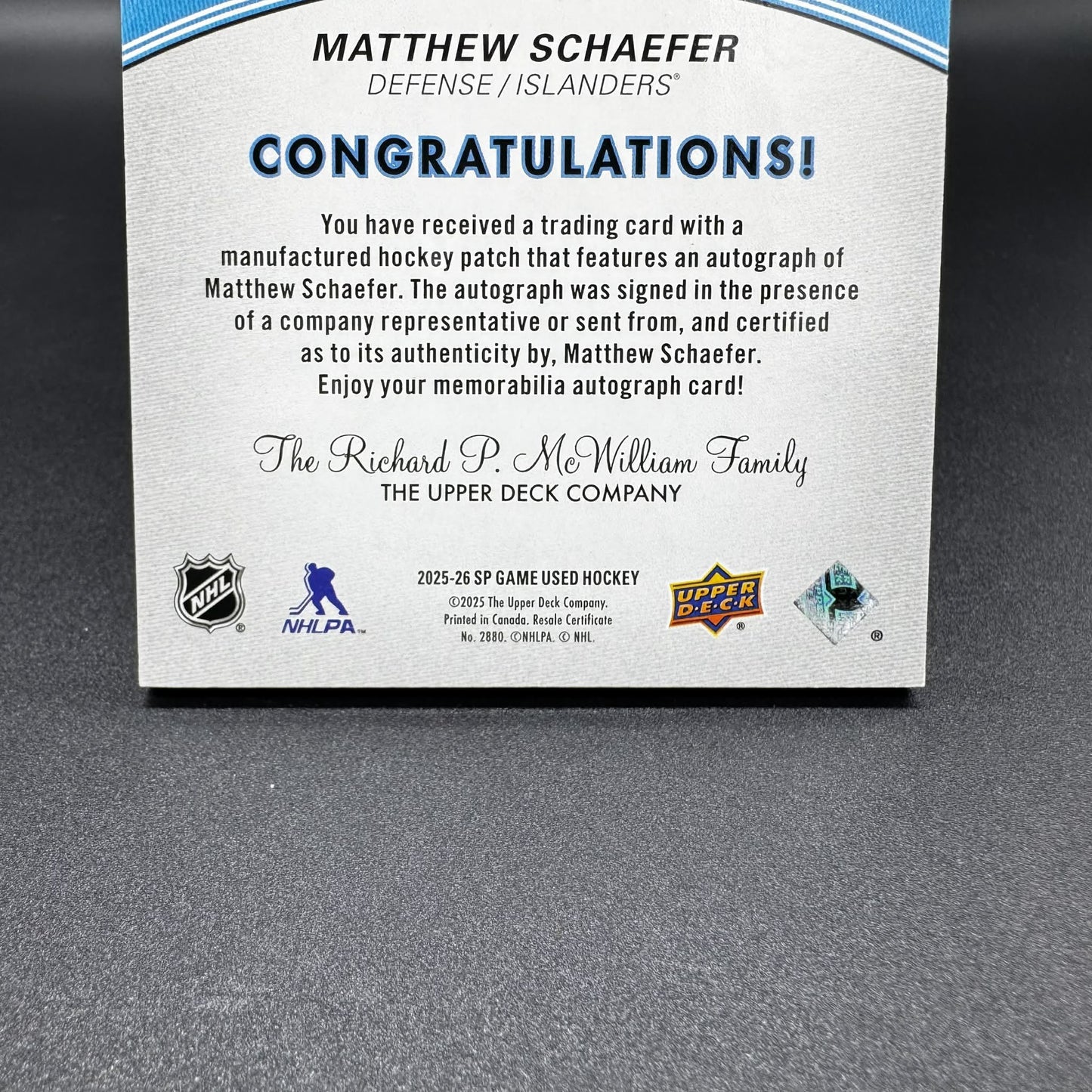 2025-26 UD GAME USED Matthew Schaefer C Draft Day Marks  /35 DDM