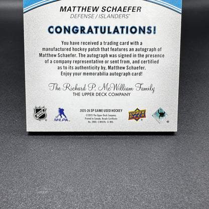 2025-26 UD GAME USED Matthew Schaefer C Draft Day Marks  /35 DDM