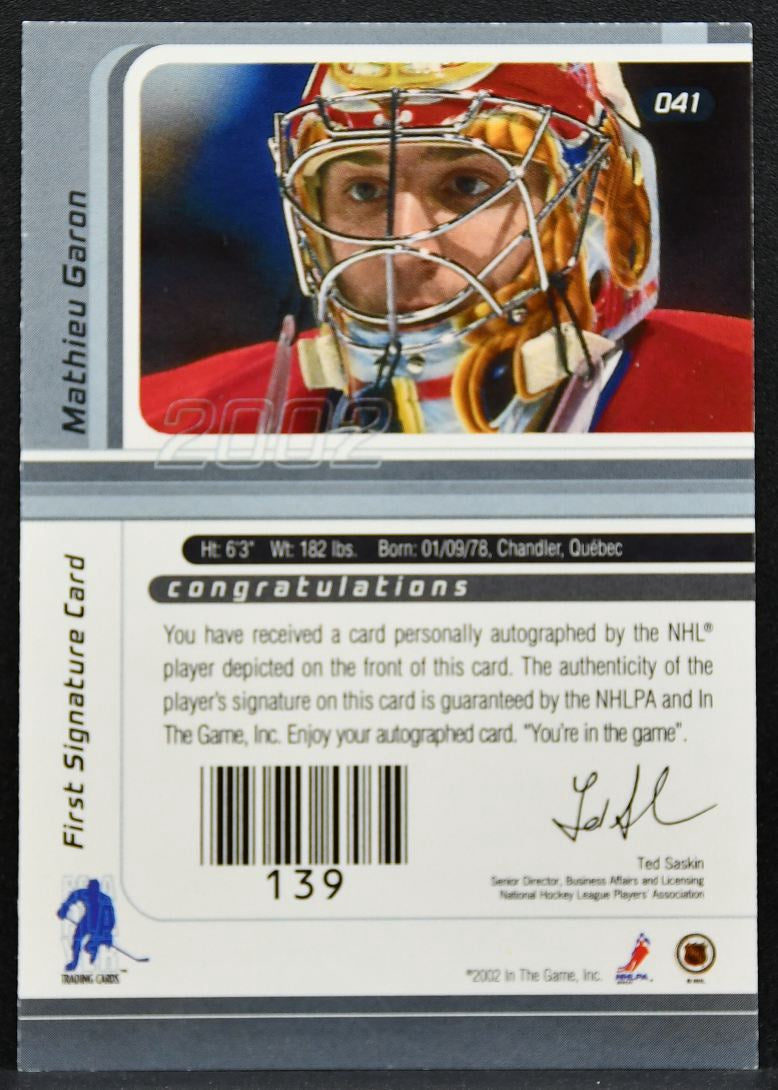 2001-02 Be a Player Signature Series Autos Mathieu Garon Canadiens Auto 2571