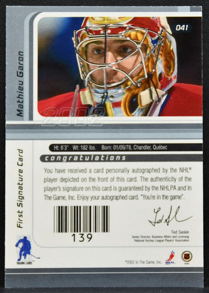 2001-02 Be a Player Signature Series Autos Mathieu Garon Canadiens Auto 2571
