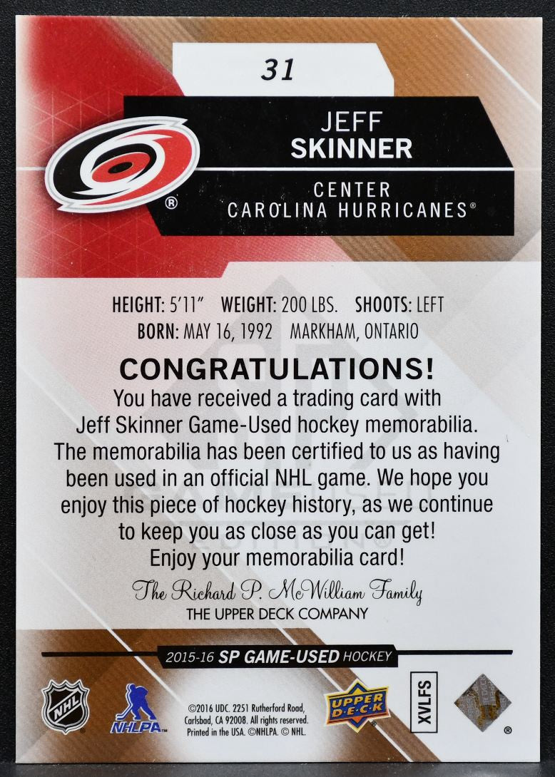 2015-16 SP Game Used Jersey Jeff Skinner 31 Carolina Hurricanes Jersey 4817