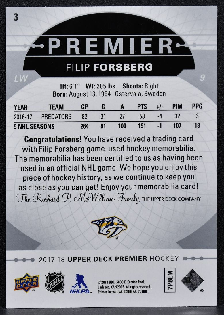 2017-18 UD Premier Base Relics Jerseys Filip Forsberg Predators Jersey 8443