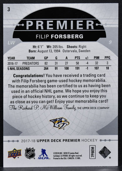 2017-18 UD Premier Base Relics Jerseys Filip Forsberg Predators Jersey 8443