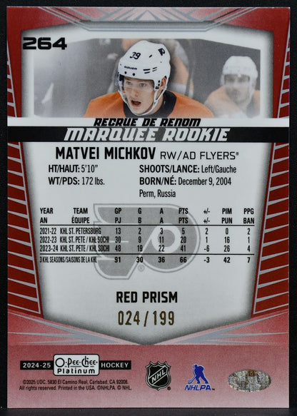 2024-25 OPC Platinum Marquee Red Prism Matvei Michkov 264 Flyers RC 024/199 7013
