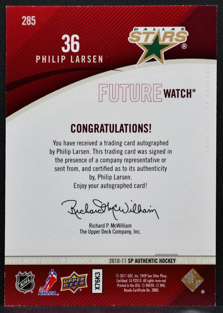 2010-11 SP Authentic Future Watch Auto Philip Larsen Stars RC Auto 712/999 7479