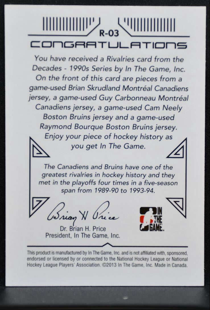 2013-14 ITG Decades 90s Skrudland/Carbonneau +2 Canadiens/Bruins Jersey 3536