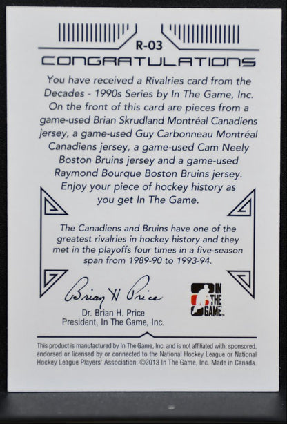 2013-14 ITG Decades 90s Skrudland/Carbonneau +2 Canadiens/Bruins Jersey 3536