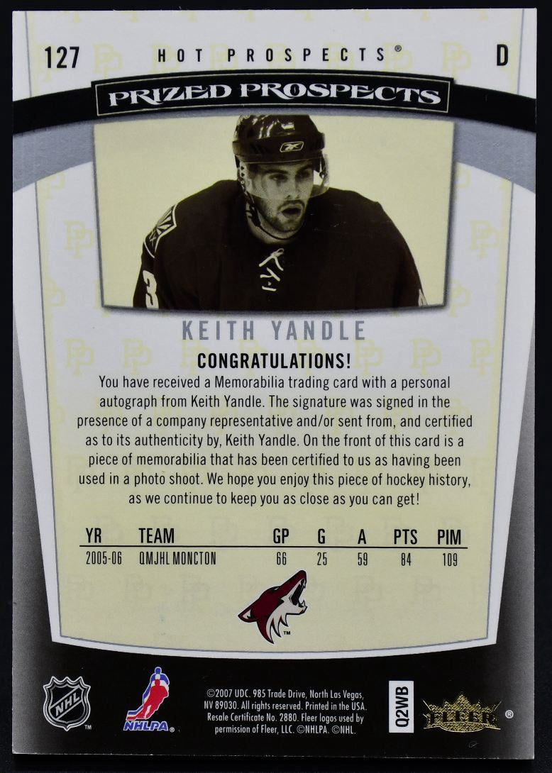 2006-07 Fleer Hot Prospects Prized Prospect Authentic Yandle RC Auto /599 Patch