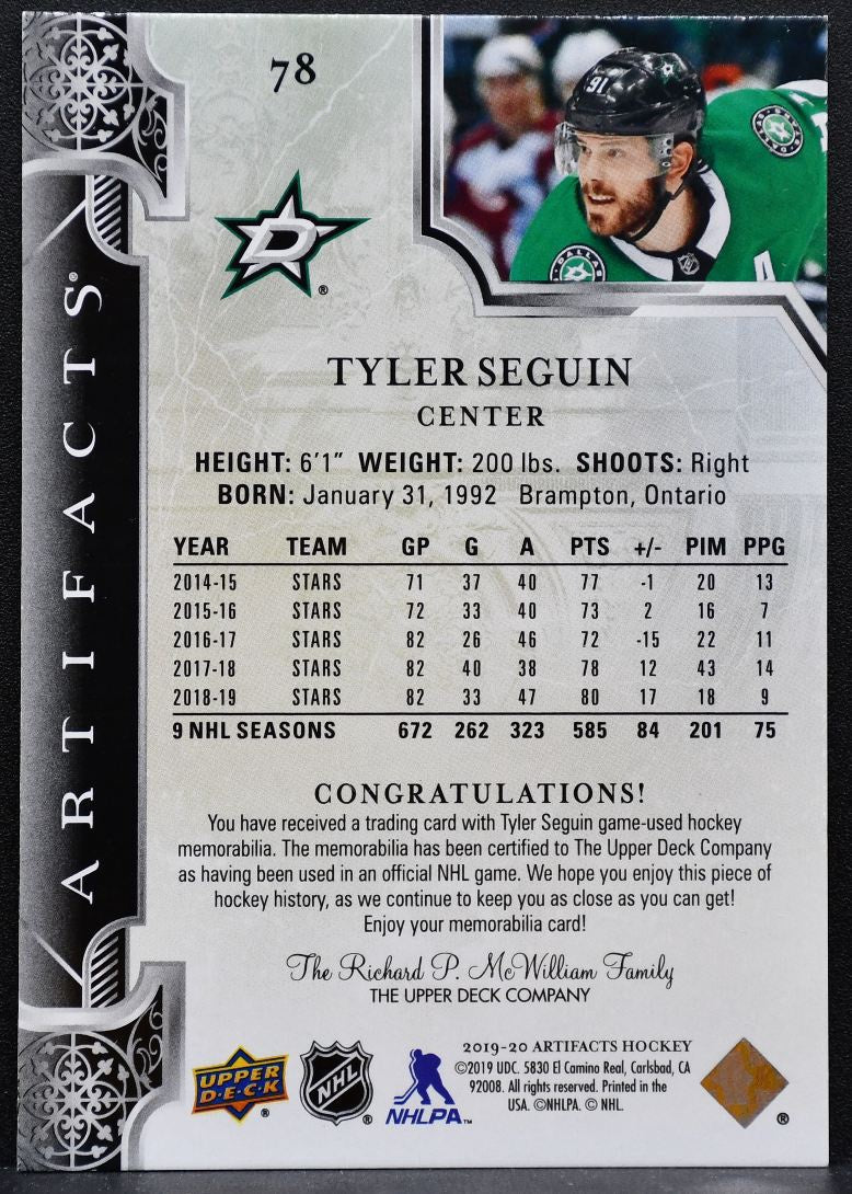 2019-20 Upper Deck Artifacts Materials Gold Tyler Seguin 062/165 Jersey 5840