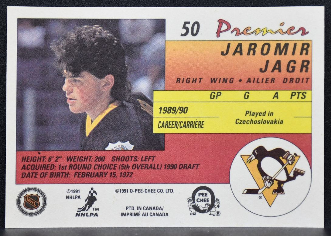 1990-91 O-Pee-Chee Premier Jaromir Jagr 50 Pittsburgh Penguins RC 9172
