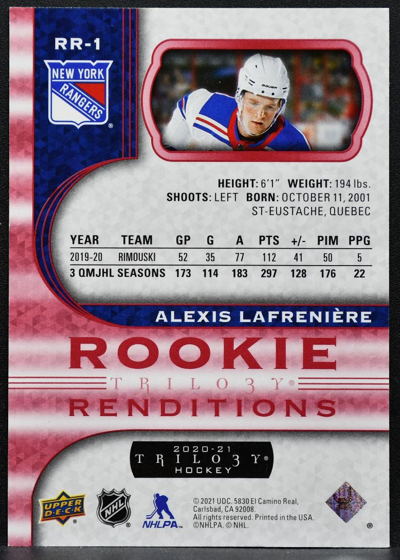 2020-21 UD Trilogy Rookie Renditions Red Foil Alexis Lafreniere Rangers RC 6446