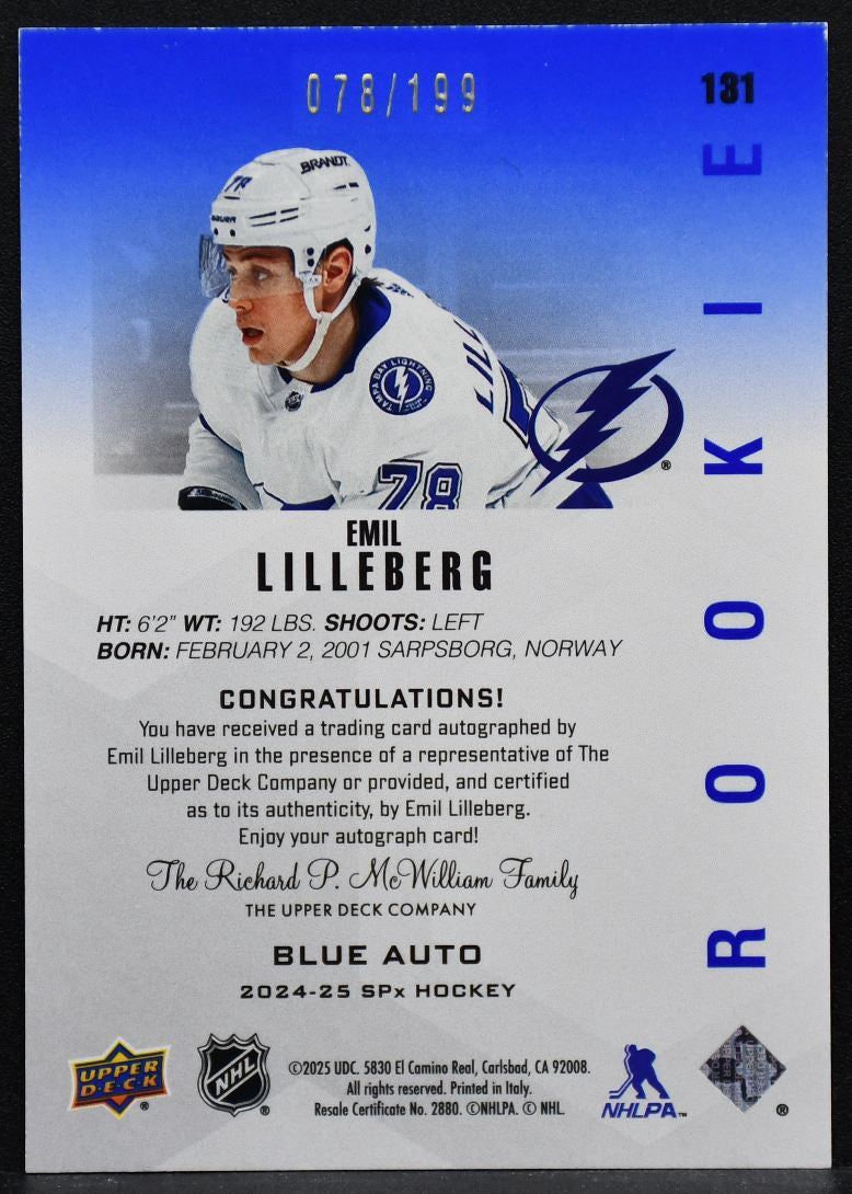 2024-25 SPx Rookie Blue Auto Emil Lilleberg 131 RC Auto 078/199