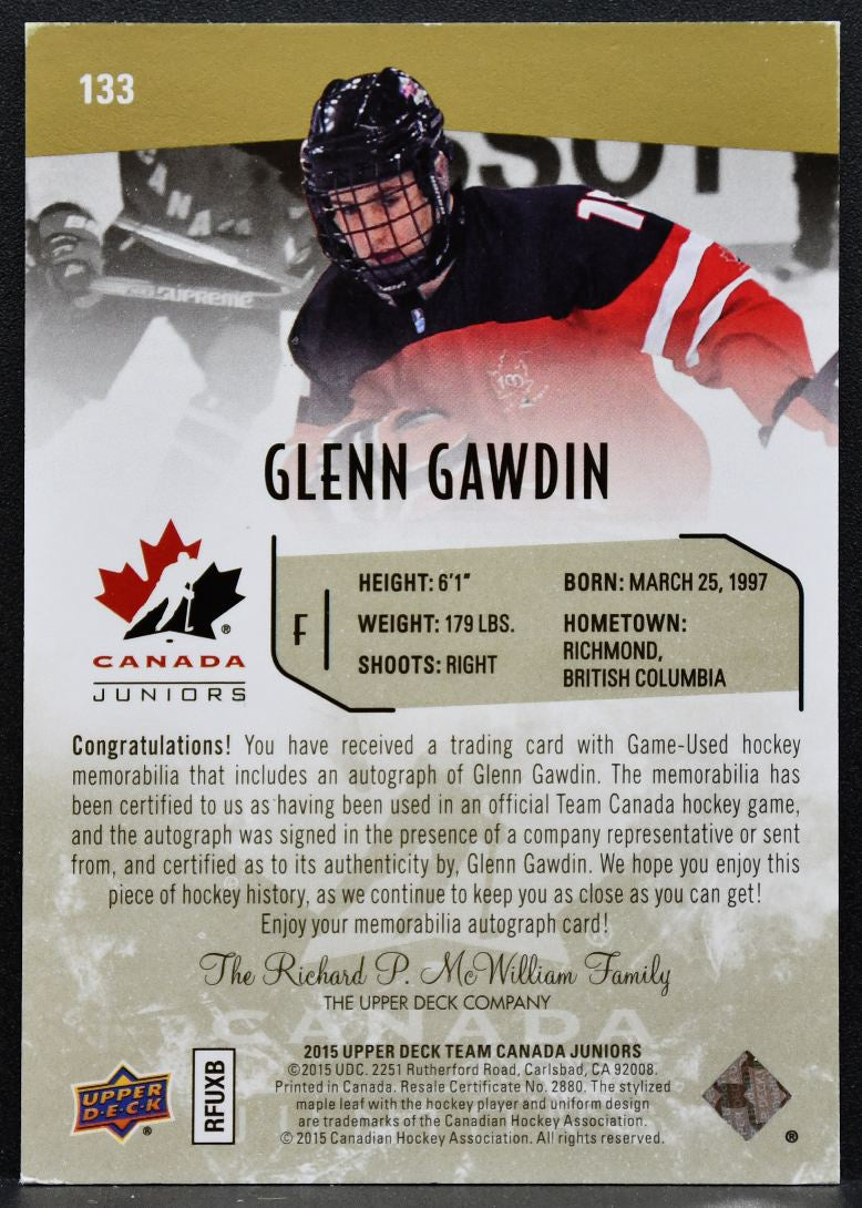 2015-16 UD Team Canada Juniors Gold Spectrum Auto Patch Glenn Gawdin Auto 7552