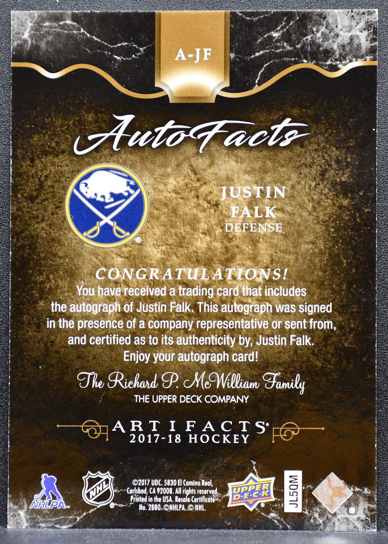 2017-18 Upper Deck Artifacts AutoFacts Justin Falk A-JF Buffalo Sabres Auto 8193