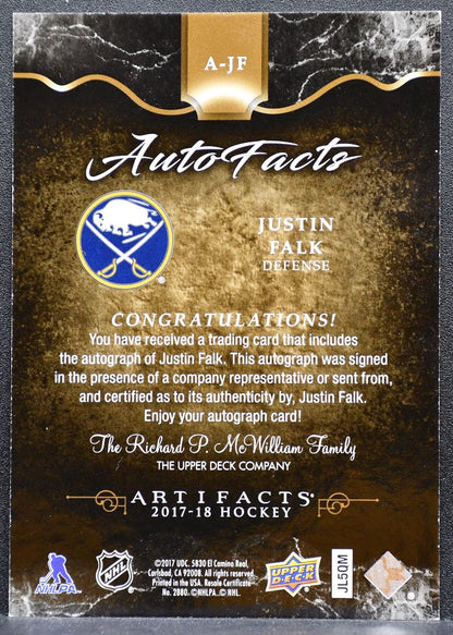 2017-18 Upper Deck Artifacts AutoFacts Justin Falk A-JF Buffalo Sabres Auto 8193