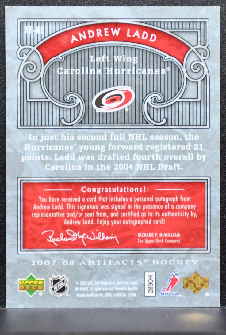 2007-08 Upper Deck Artifacts Auto-Facts Andrew Ladd AF-AL Hurricanes Auto 0000