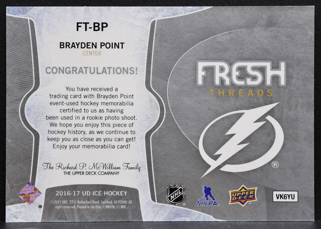 2016-17 UD ICE Fresh Threads Jersey Brayden Point FT-BP Lightning RC Jersey 5956