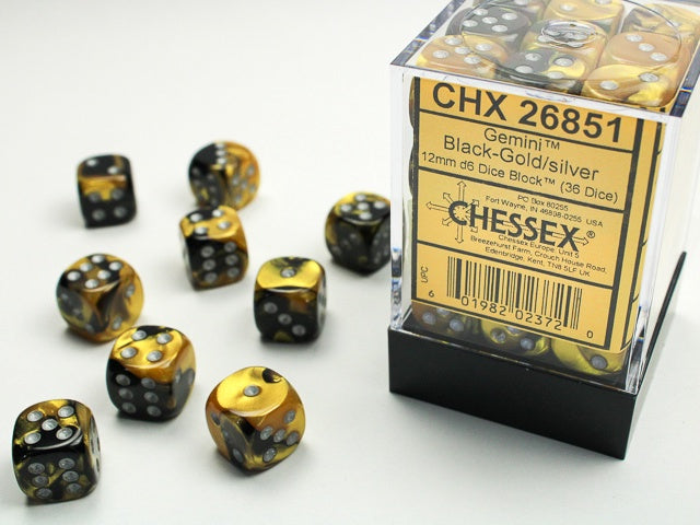 Gemini 36 * D6 Black-Gold / Silver 12mm Chessex Dice (CHX26851*)