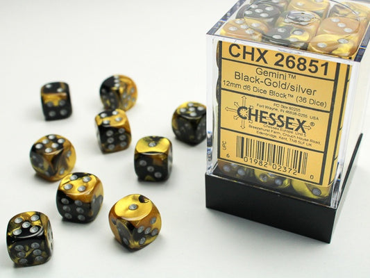 Gemini 36 * D6 Black-Gold / Silver 12mm Chessex Dice (CHX26851*)