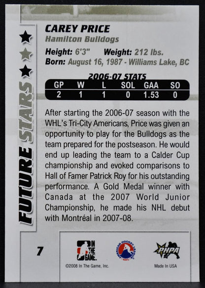 2007-08 In The Game Between the Pipes Future Stars Carey Price 7 Canadiens 6637