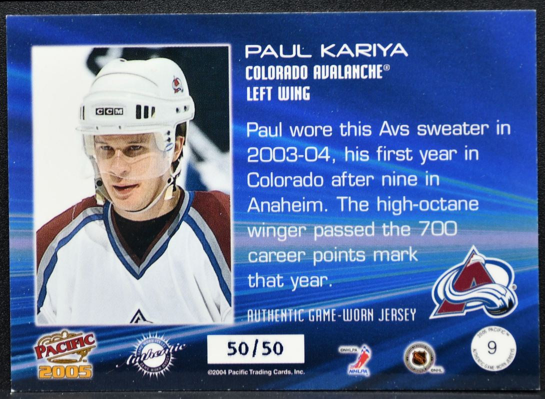 2004-05 Pacific Jerseys Paul Kariya 9 Colorado Avalanche 50/50 Jersey 0727