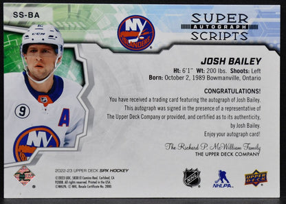 2022-23 SPx Superscripts Josh Bailey SS-BA New York Islanders Auto