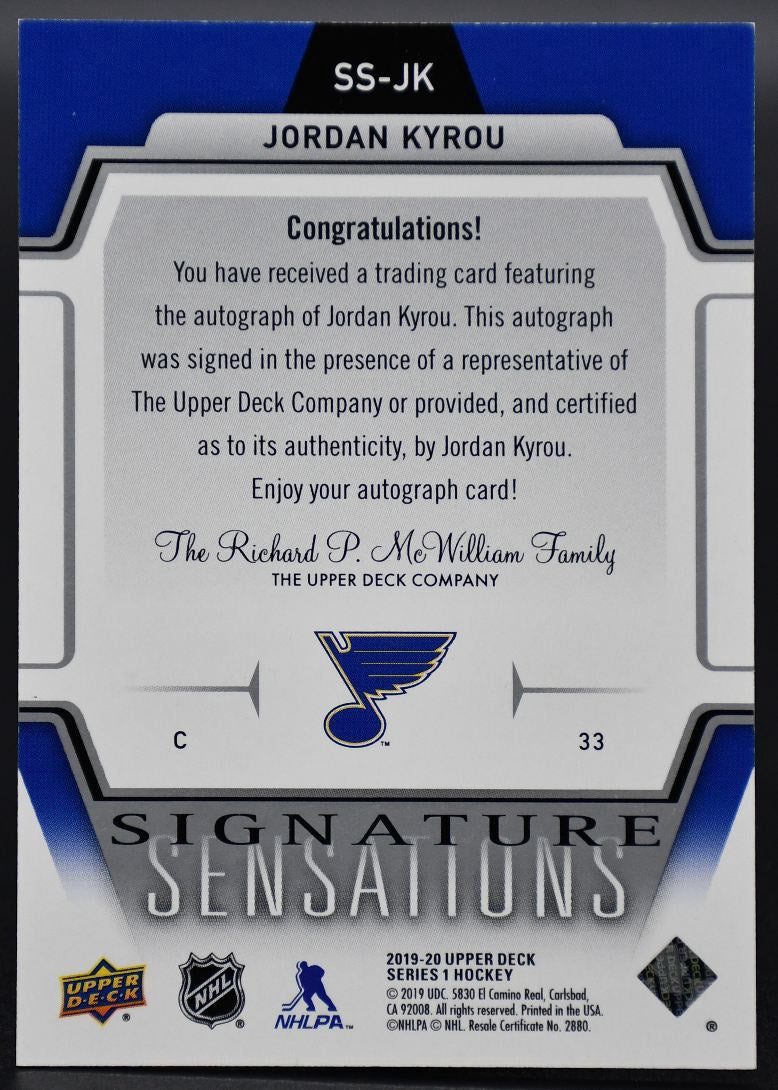 2019-20 UD Signature Sensations Jordan Kyrou SS-JK St. Louis Blues Auto