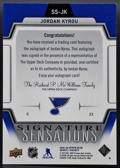 2019-20 UD Signature Sensations Jordan Kyrou SS-JK St. Louis Blues Auto