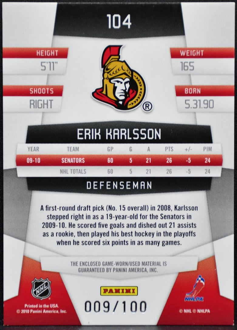 2010-11 Panini Certified Jersey Mirror Blue Karlsson Senators /100 Jersey 2928