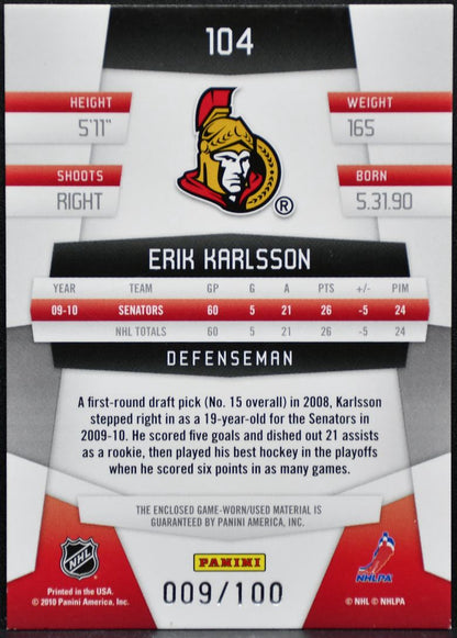 2010-11 Panini Certified Jersey Mirror Blue Karlsson Senators /100 Jersey 2928