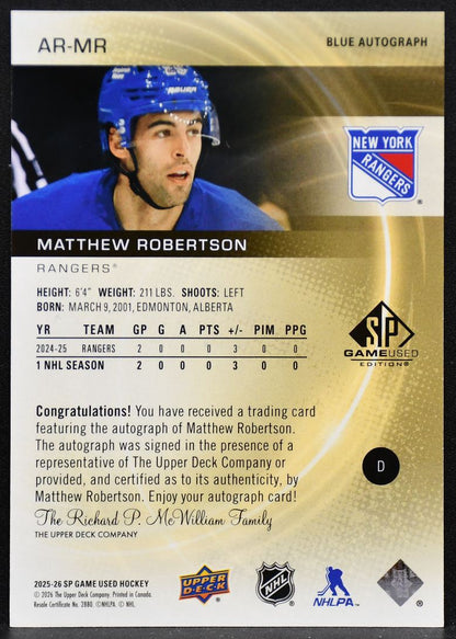 2025-26 SP Game Used Authentic Blue Matthew Robertson AR-MR Rangers RC Auto 4579