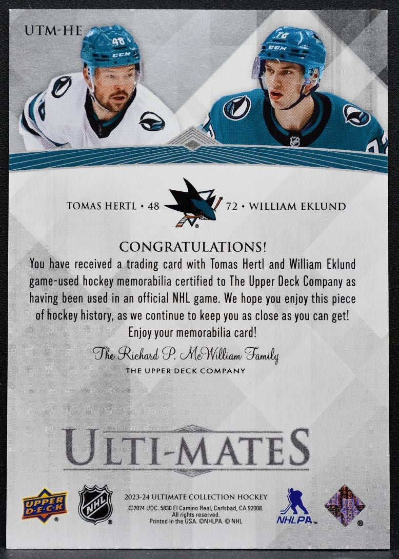 2023-24 UD Ultimate Collection Ulti-Mates Hertl/Eklund Sharks Jersey 6408