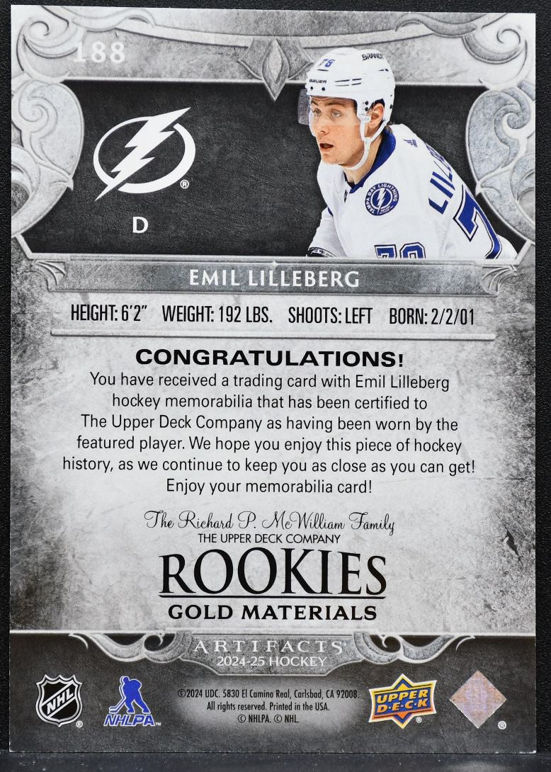 2024-25 UD Artifacts Rookies Gold Materials Lilleberg RC 255/499 Jersey 4614