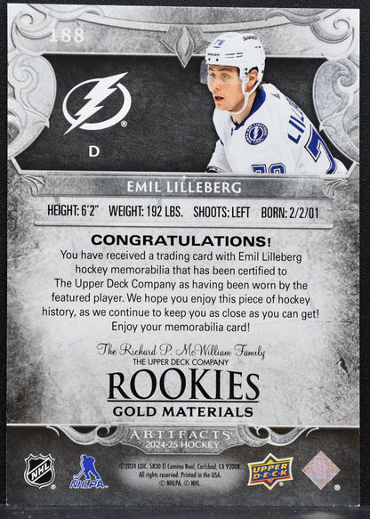 2024-25 UD Artifacts Rookies Gold Materials Lilleberg RC 255/499 Jersey 4614