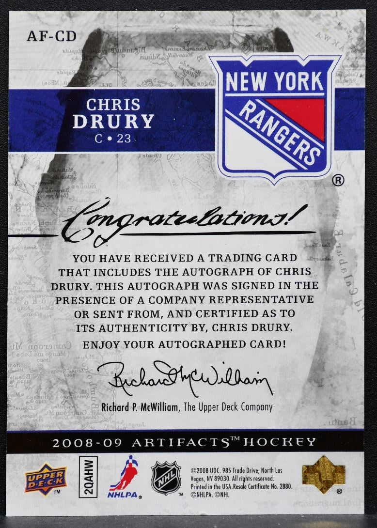 2008-09 Upper Deck Artifacts Auto-Facts Chris Drury AF-CD Rangers Auto 0347