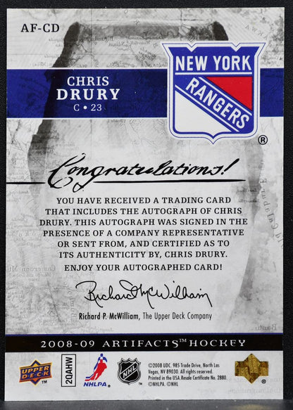 2008-09 Upper Deck Artifacts Auto-Facts Chris Drury AF-CD Rangers Auto 0347