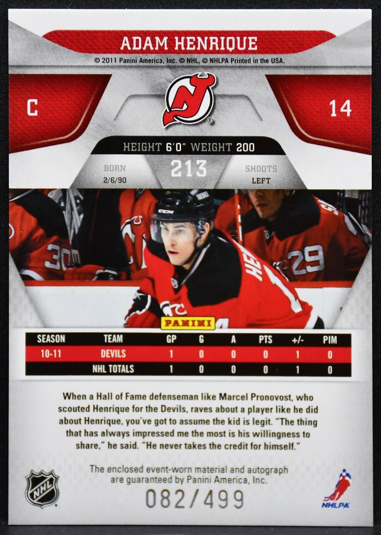 2011-12 Panini Certified Jersey Henrique 213 Devils RC Auto 082/499 Jersey 6672