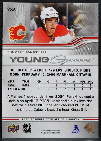 2025-26 Upper Deck Series 1 Young Guns Zayne Parekh 236 Calgary Flames RC 1822