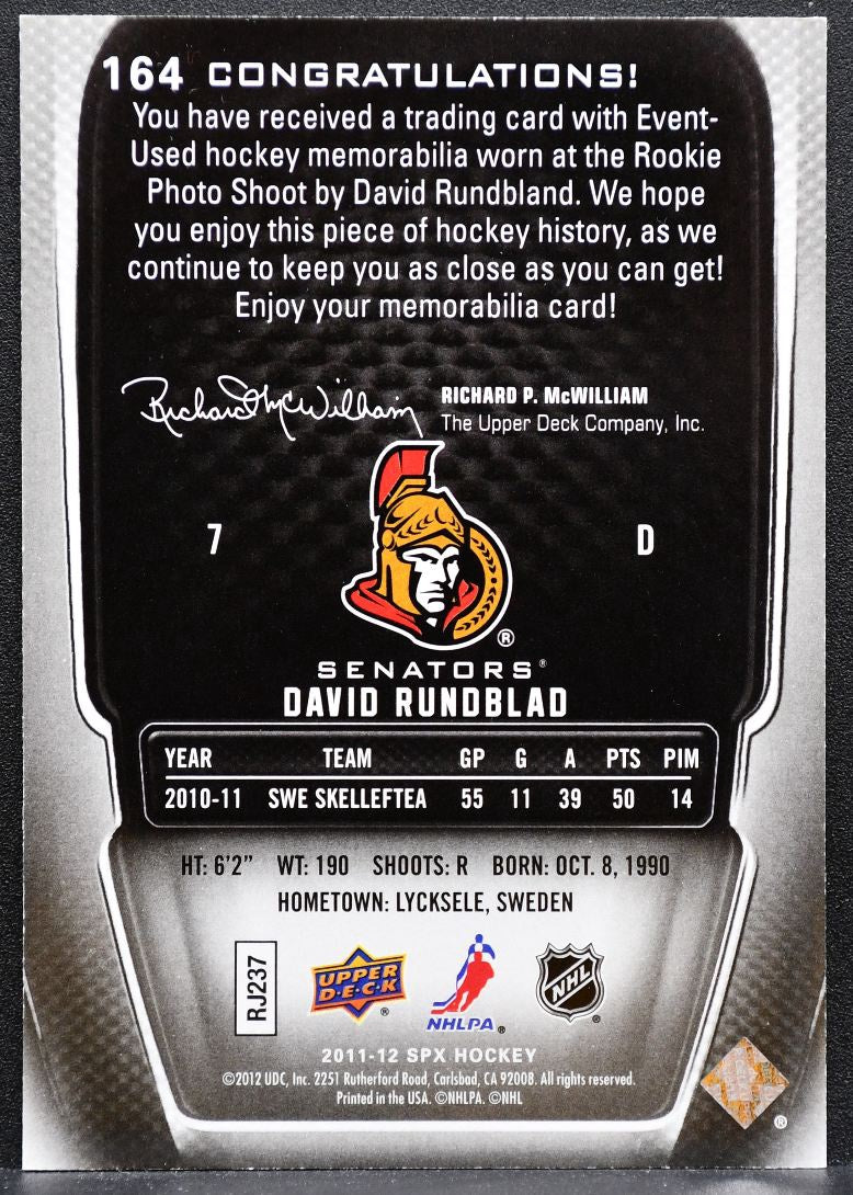 2011-12 SPx Rookie Jersey David Rundblad Ottawa Senators RC 778/799 Jersey 4782