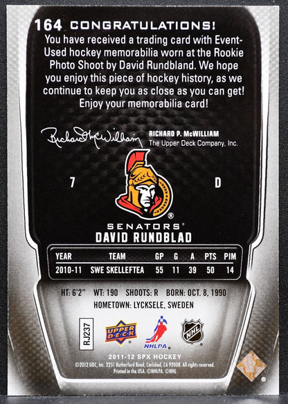 2011-12 SPx Rookie Jersey David Rundblad Ottawa Senators RC 778/799 Jersey 4782