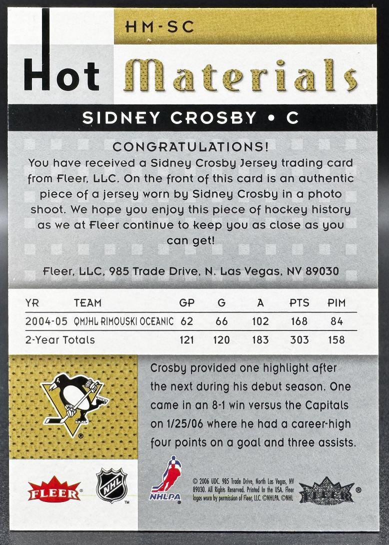 2005-06 UD Hot Materials Sidney Crosby HM-SC Pittsburgh Penguins RC Jersey
