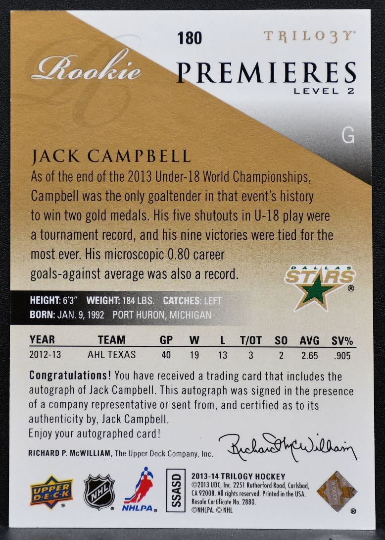 2013-14 UD Trilogy Rookie Premieres Lvl2 Jack Campbell RC Auto 351/999 9619