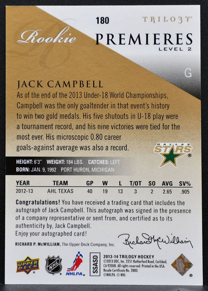 2013-14 UD Trilogy Rookie Premieres Lvl2 Jack Campbell RC Auto 351/999 9619
