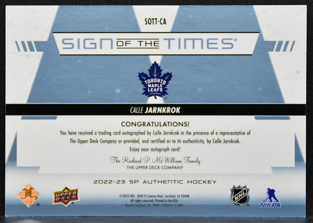 2022-23 SP Authentic Sign of the Times Call Jarnkrok Maple Leafs Auto 3479