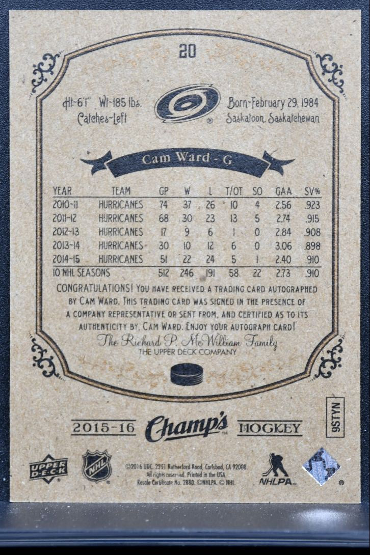 2015-16 UD Champ's Cam Ward 20 Hurricanes Auto 4702