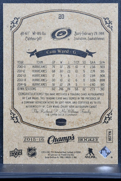 2015-16 UD Champ's Cam Ward 20 Hurricanes Auto 4702