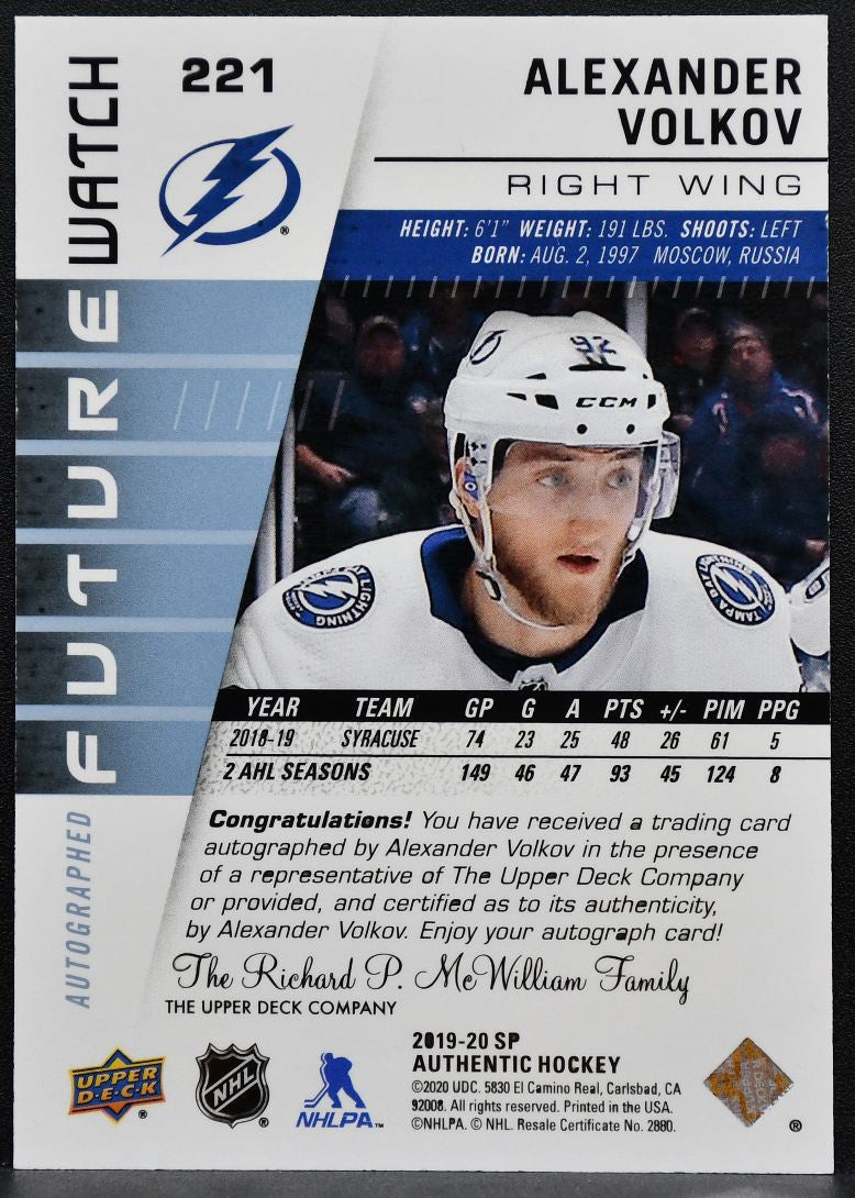 2019-20 SP Authentic Future Watch Auto Volkov Lightning RC Auto 569/999 7523