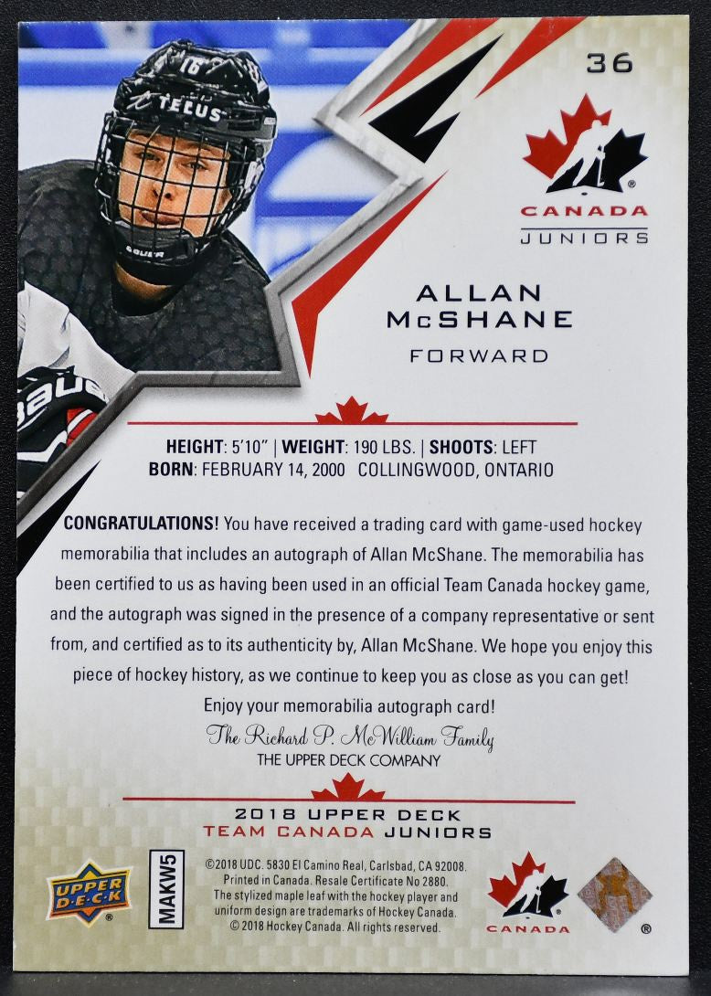 2018-19 UD Team Canada Juniors Premium Swatch Autos McShane Auto Jersey 0637