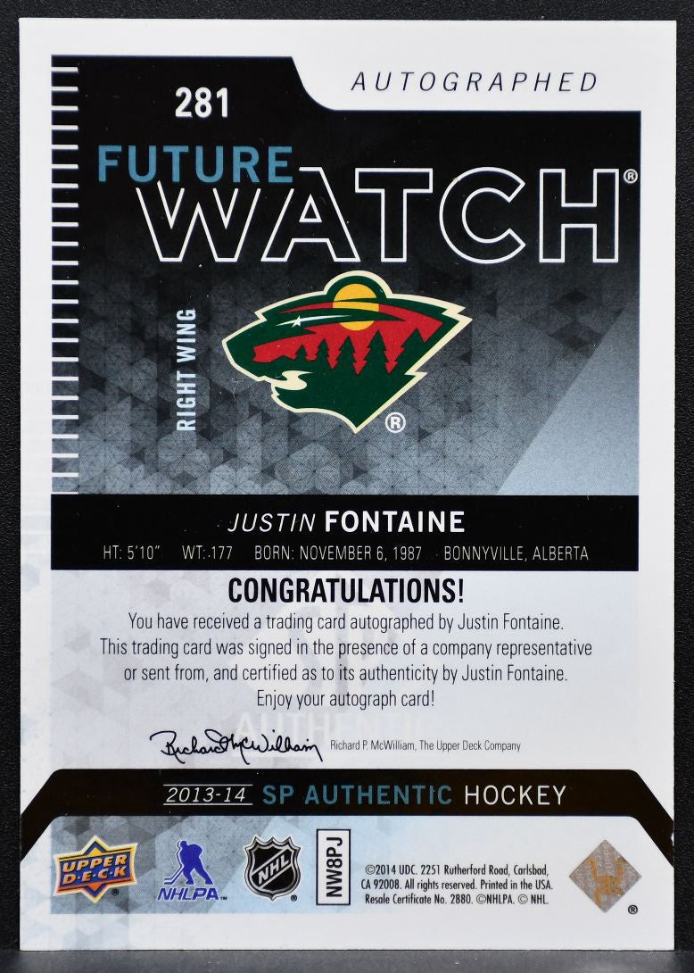 2013-14 SP Authentic Future Watch Auto Justin Fontaine Wild RC Auto 476/999 0943